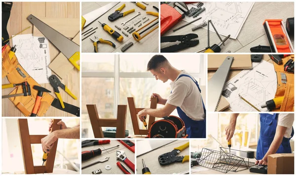 Collage of photos with different tools and handyman assembling furniture in workshop — Stock Photo, Image