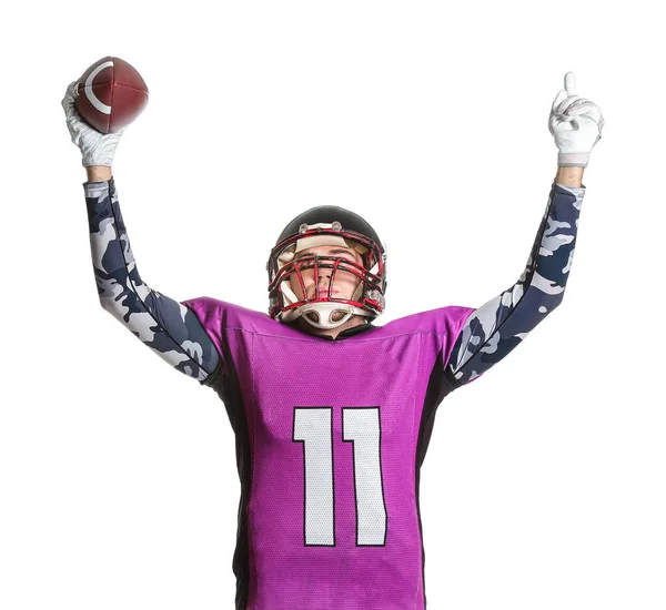 Happy American football player on white background — 스톡 사진