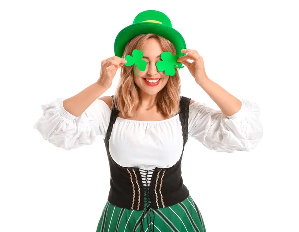 Beautiful young woman with paper clover on white background. St. Patrick's Day celebration — Stock Photo, Image