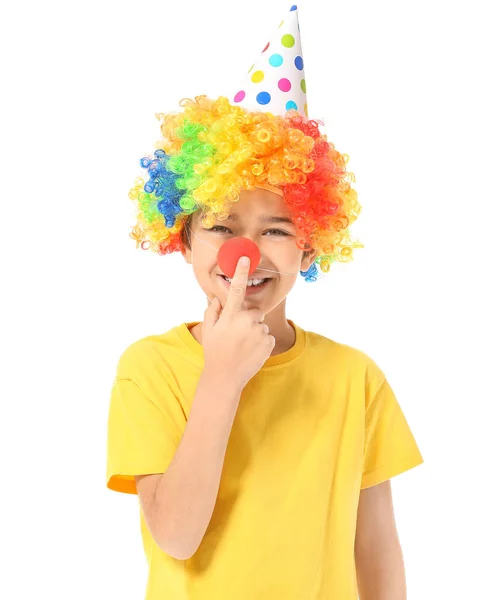 Little boy in funny disguise on white background. April fools' day celebration — Stock Photo, Image