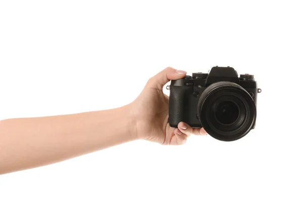 Female hand with photo camera on white background — 스톡 사진