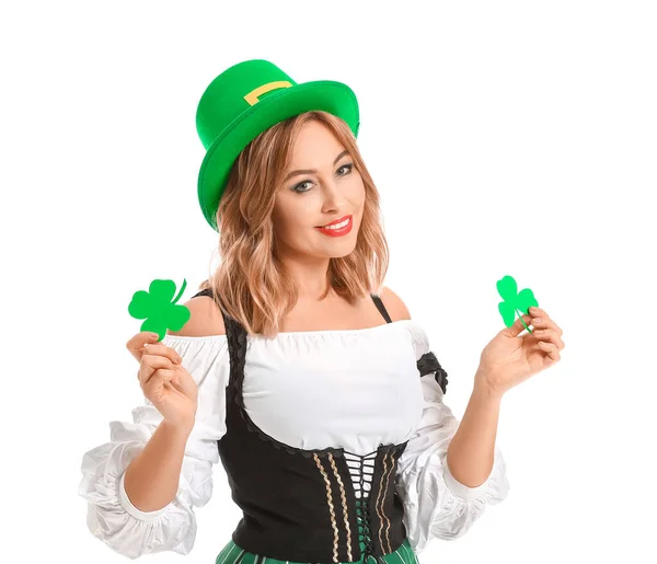 Beautiful young woman with paper clover on white background. St. Patrick's Day celebration Royalty Free Stock Images