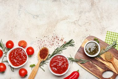 Different tasty sauces on white background