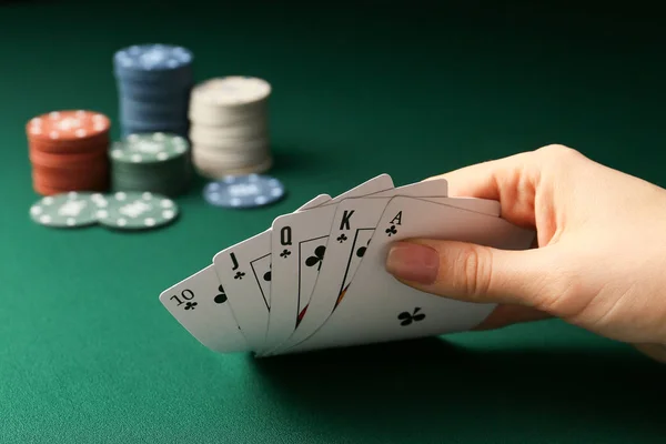 Woman playing poker in casino, closeup — Stock Photo, Image