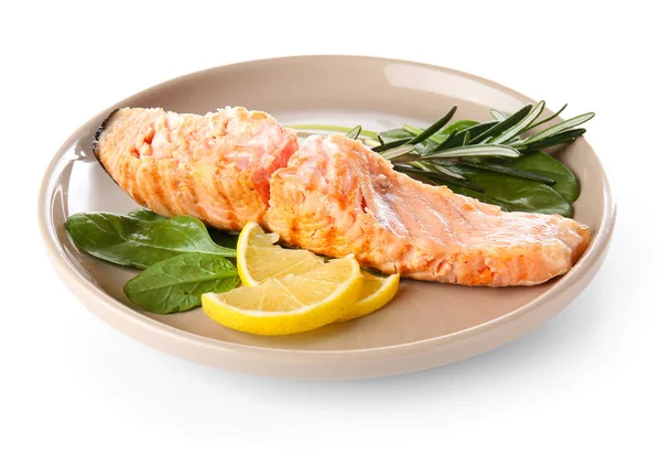Plate with tasty cooked salmon on white background — Stock Photo, Image