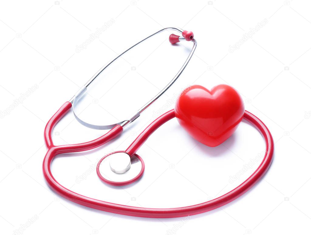 Stethoscope and heart on white background. Cardiology concept