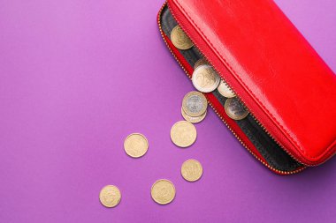 Renkli arka planda bozuk paralar olan cüzdan. Tasarruf kavramı