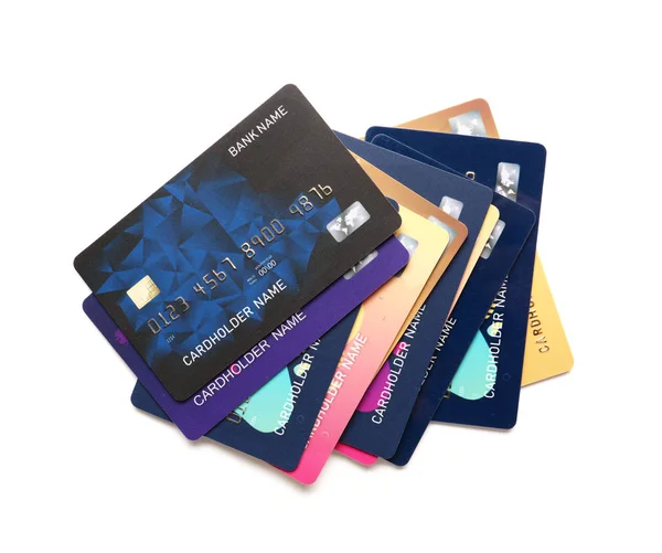 Beyaz arka planda farklı kredi kartları — Stok fotoğraf