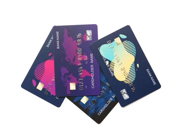 Různé kreditní karty na bílém pozadí — Stock fotografie