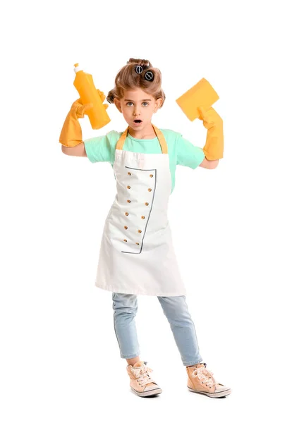 Little housewife with cleaning supplies on white background — Stock Photo, Image