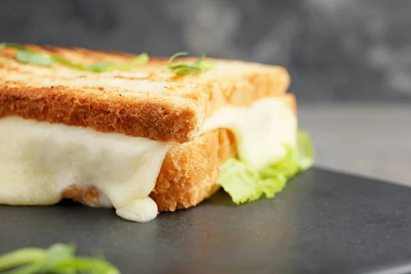 Sanduíche saboroso com queijo a bordo, close-up — Fotografia de Stock