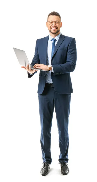 Portrait of handsome businessman with laptop on white background — Stock Photo, Image