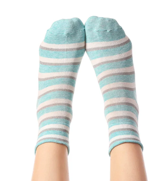 Legs of young woman in socks on white background — Stock Photo, Image