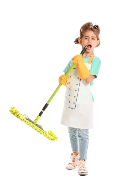 Little housewife with floor brush on white background — 스톡 사진