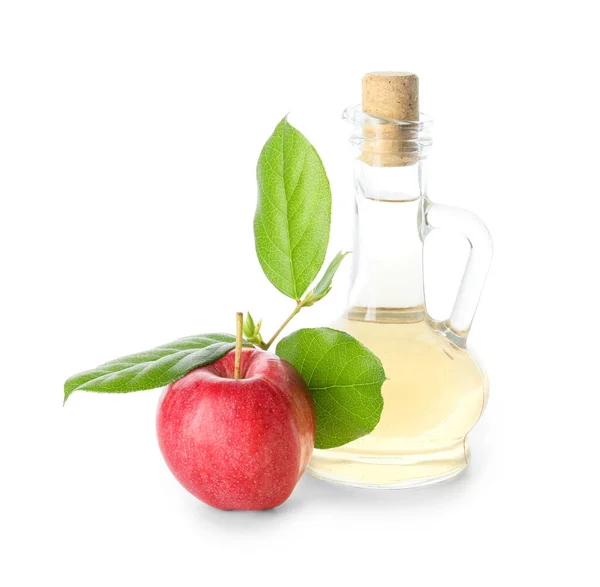 Garrafa de vinagre de maçã no fundo branco — Fotografia de Stock