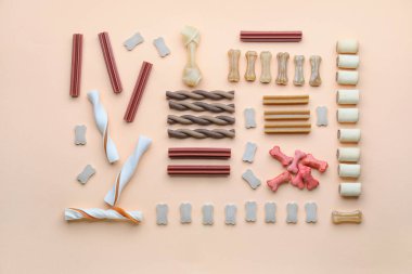 Renkli arka planda farklı evcil hayvan yemekleri