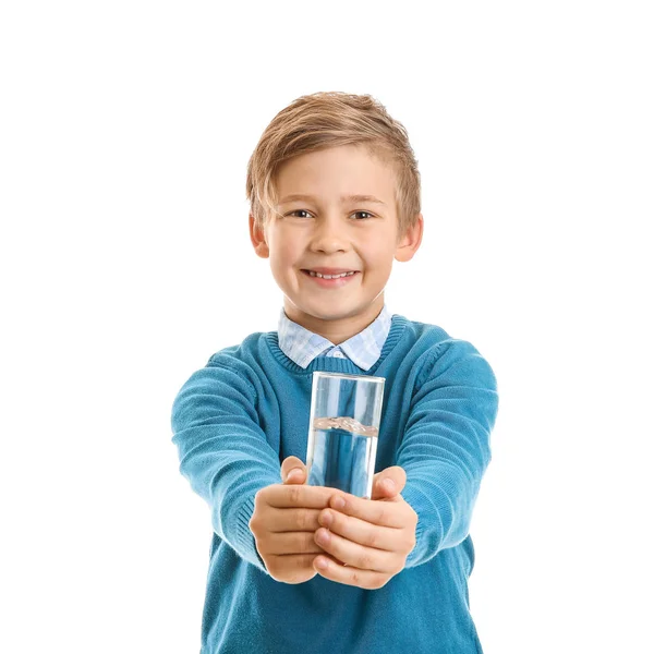Cute little boy with glass of water on white background — Stock Photo, Image