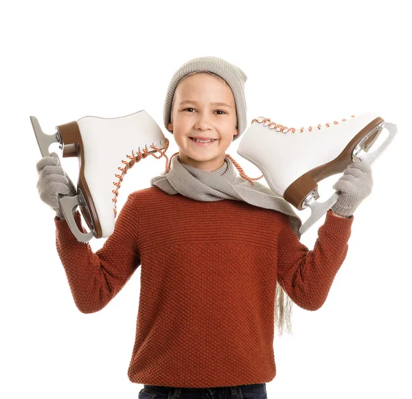 Cute little boy with ice skates against white background — Stock Photo, Image