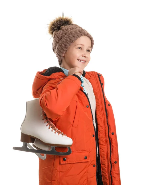 Carino bambino con pattini su ghiaccio contro sfondo bianco — Foto Stock