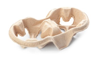 Cardboard eggs holder on white background. Recycling concept