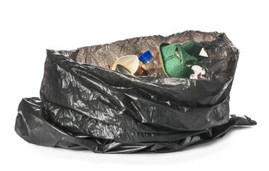 Bag with different garbage on white background. Recycling concept