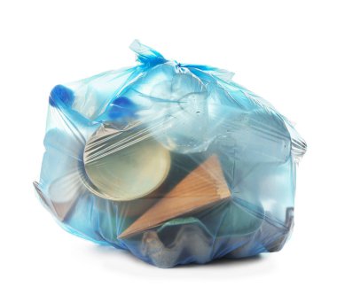Bag with different garbage on white background. Recycling concept
