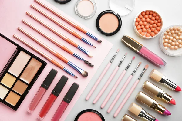 Set of decorative cosmetics on color background — Stock Photo, Image