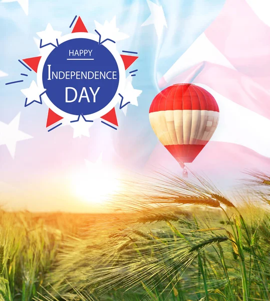 Double exposure of air balloon in wheat field and USA flag. Independence Day celebration — Stockfoto