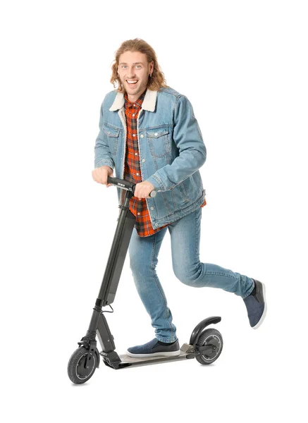 Young man with kick scooter on white background — Stock Photo, Image