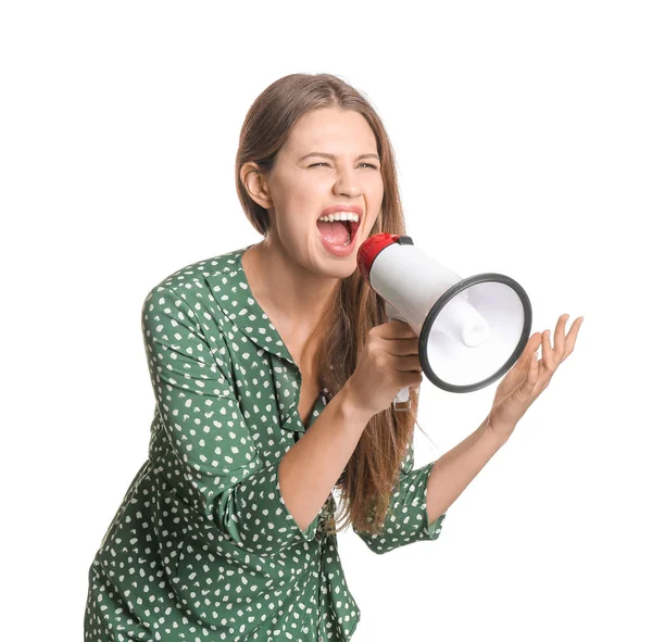 Jovem mulher com megafone no fundo branco — Fotografia de Stock