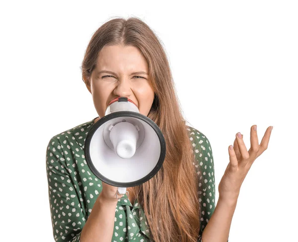 Young woman with megaphone on white background — Stock Photo, Image