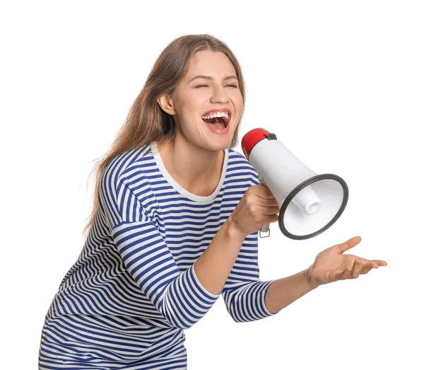 Mladá žena s megafonem na bílém pozadí — Stock fotografie