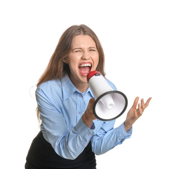 Молода бізнес-леді з мегафоном на білому тлі — стокове фото