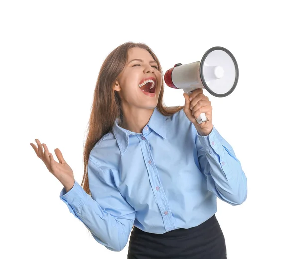 Jovem empresária com megafone no fundo branco — Fotografia de Stock