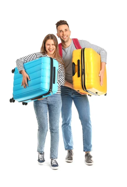 持白色背景行李的游客夫妇 — 图库照片