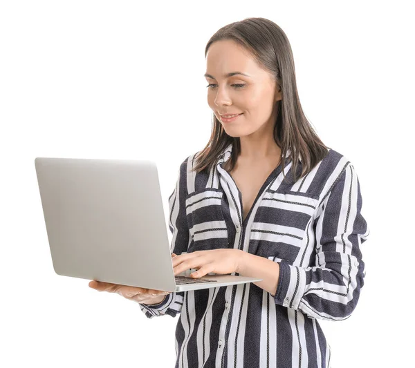 Young woman with laptop on white background — Stock Photo, Image