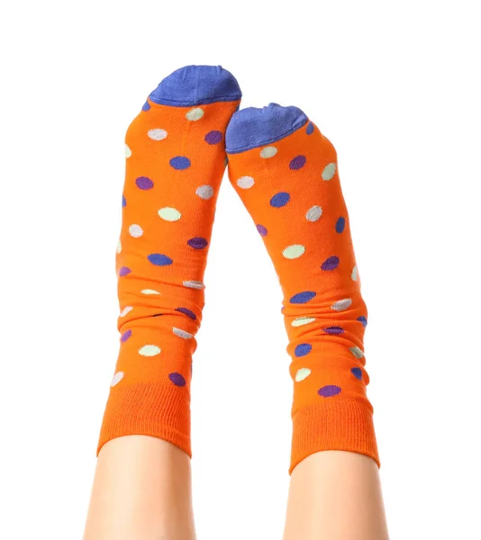 Legs of young woman in socks on white background — Stock Photo, Image