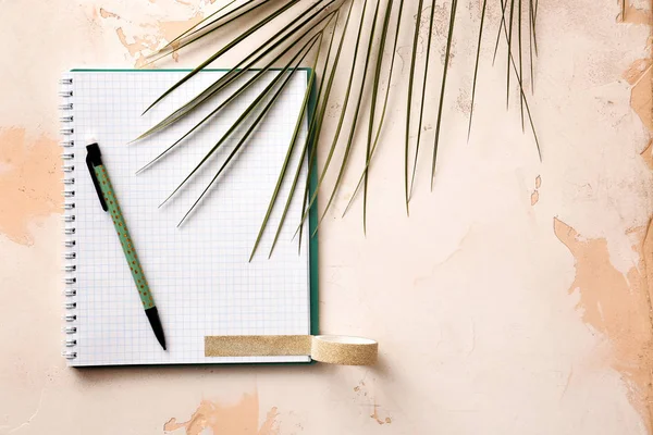 Caderno com caneta e folha de palma sobre fundo branco — Fotografia de Stock