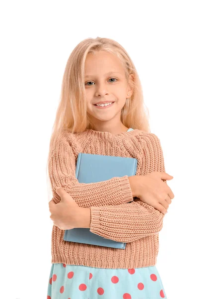 Little girl with book on white background — Stock Photo, Image