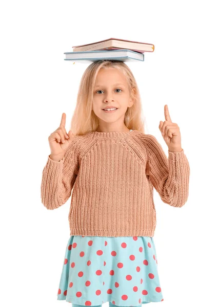 Little girl with books on white background — Stock Photo, Image