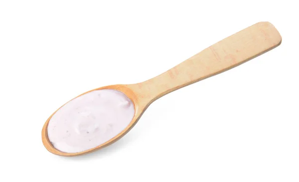 Cuchara con sabroso yogur sobre fondo blanco — Foto de Stock