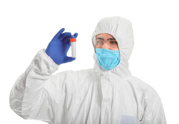 Laboratory worker in protective uniform holding test tube with sample on white background. Concept of epidemic — Stock Photo, Image