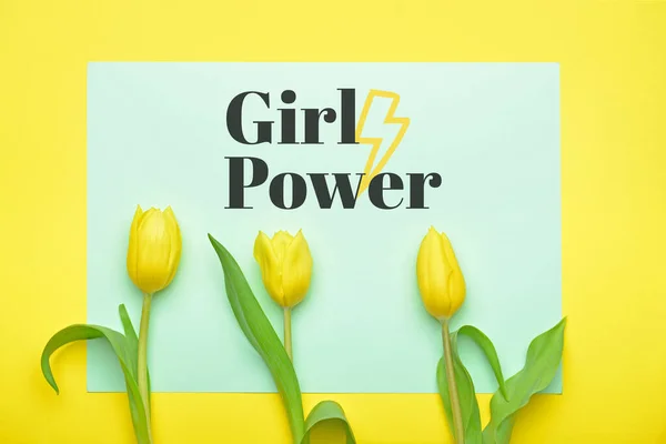 Card with text GIRL POWER and flowers on color background. International Women's Day celebration — Stock Photo, Image