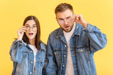 Emotional friends on color background