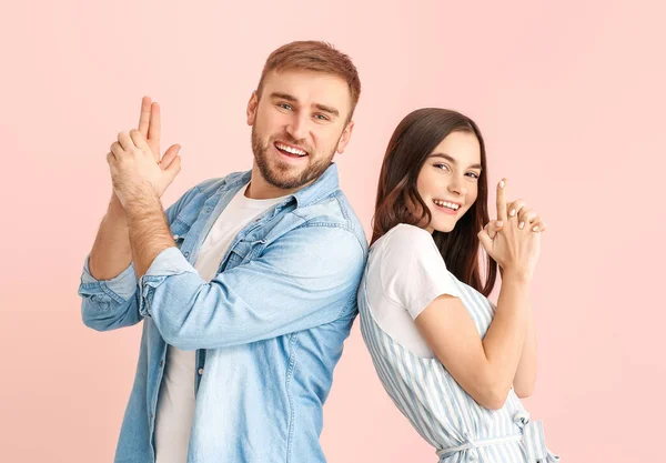 Happy friends on color background — Stock Photo, Image