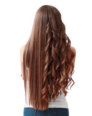 Beautiful woman with curly and smooth hair on white background, back view