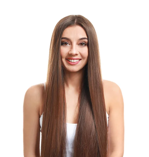 Vacker kvinna med friska långt hår på vit bakgrund — Stockfoto