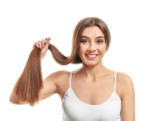 Beautiful woman with healthy long hair on white background — Stock Photo, Image