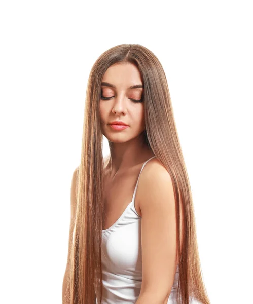 Mulher bonita com cabelos longos saudáveis no fundo branco — Fotografia de Stock