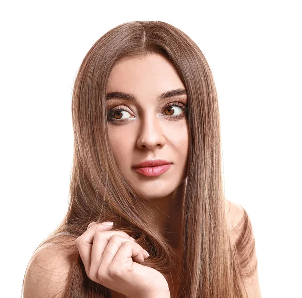 Beautiful woman with healthy long hair on white background — Stock Photo, Image
